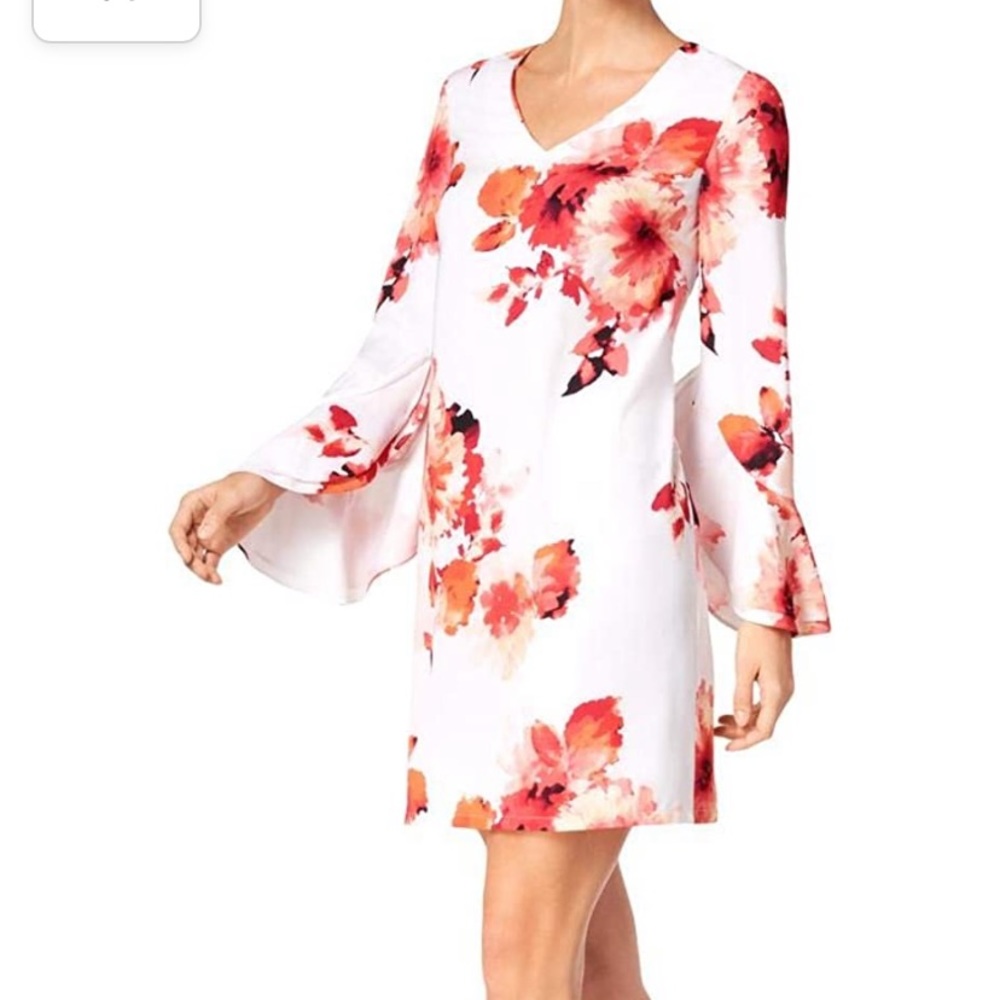 Calvin Klein V Neck Sheath Dress with Flutter Bell Sleeves